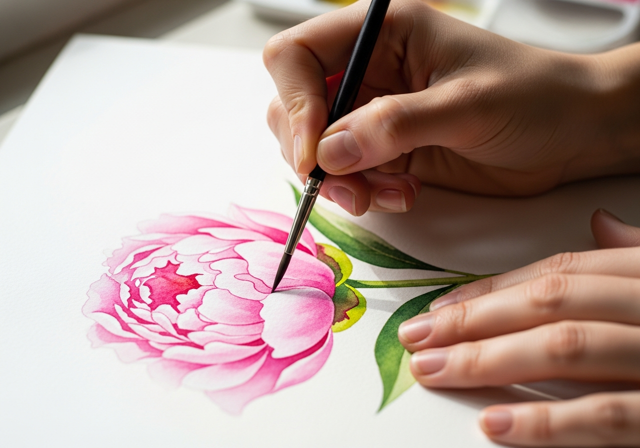 Руки художника рисуют цветок акварелью