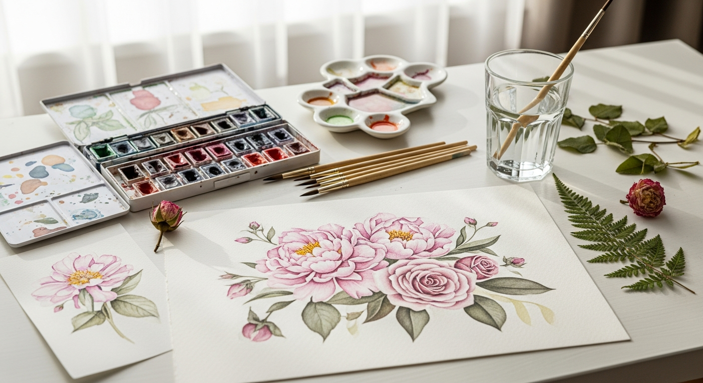 Рабочее место художника с акварельными красками и цветочными эскизами